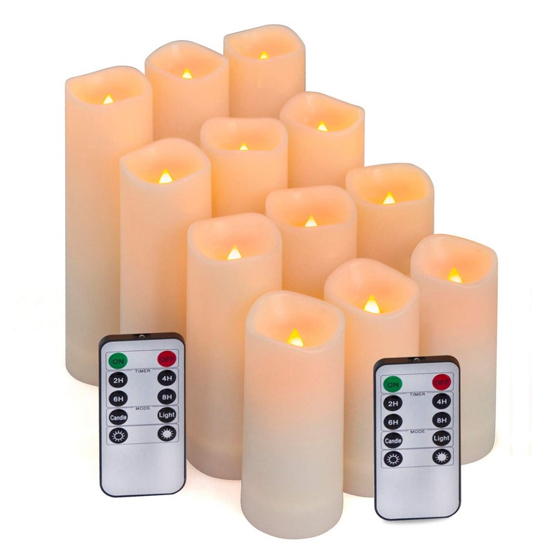 Aignis 12pcs Flameless LED Candles Battery Operated with 10-Key Remote Timer, Outdoor Indoor Waterproof, Warm Flickering Glow for Cozy & Romantic Home/Wedding/Holiday DÃ©cor(D2.2''xH4/5/6/7'') - Image 1